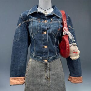 Y2K Fetish Denim Jacket Cropped Button Up Jean Coat Pink Satin Cuffs Women’s L